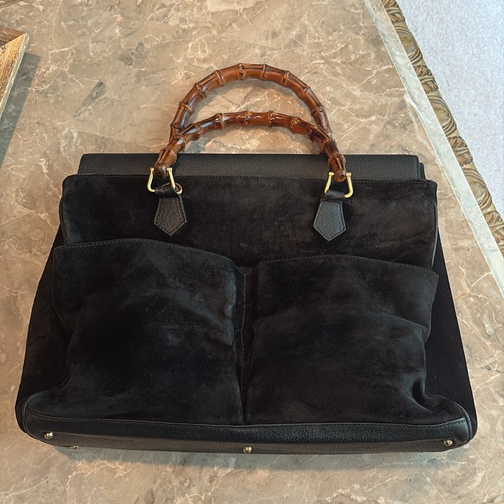 Black Suede Handbag with Bamboo Handles - Picture 2 of 16